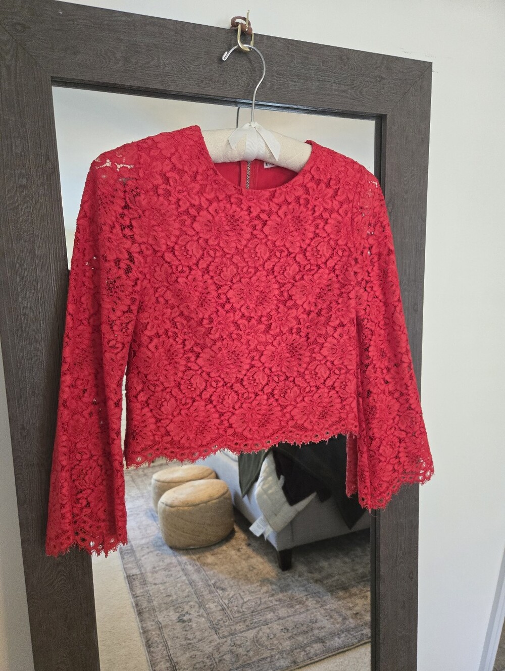 Alice + Olivia Red Lace Long-Sleeve Crop Top